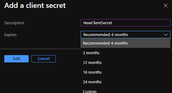Adding a new client secret.