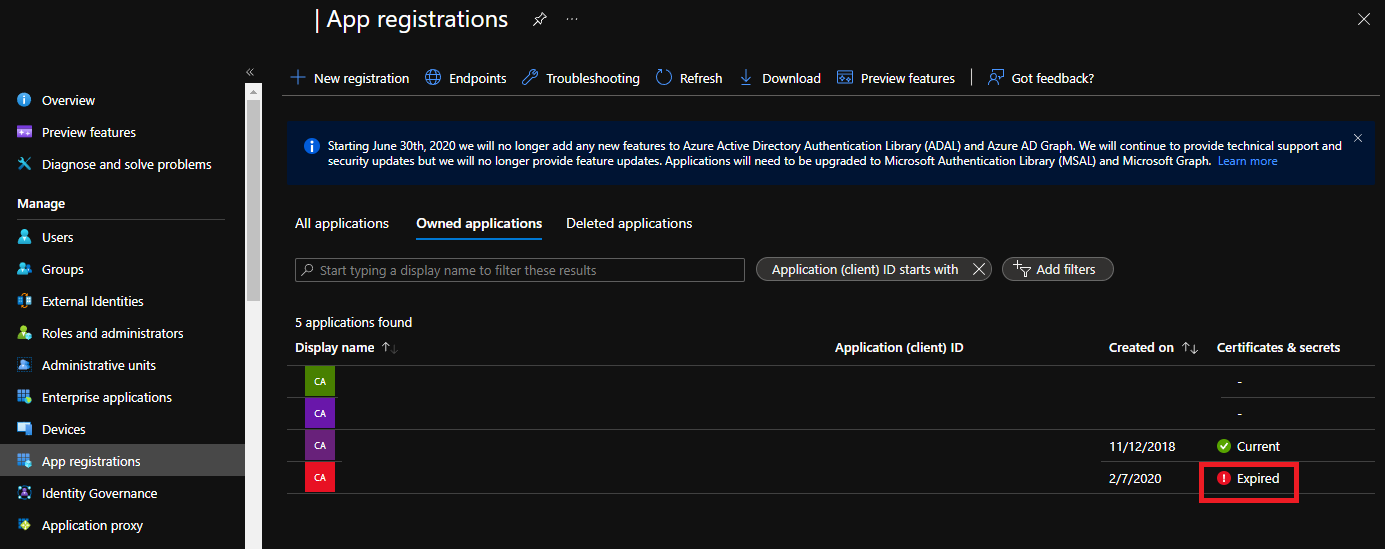 Expired client secret shown in the portal.