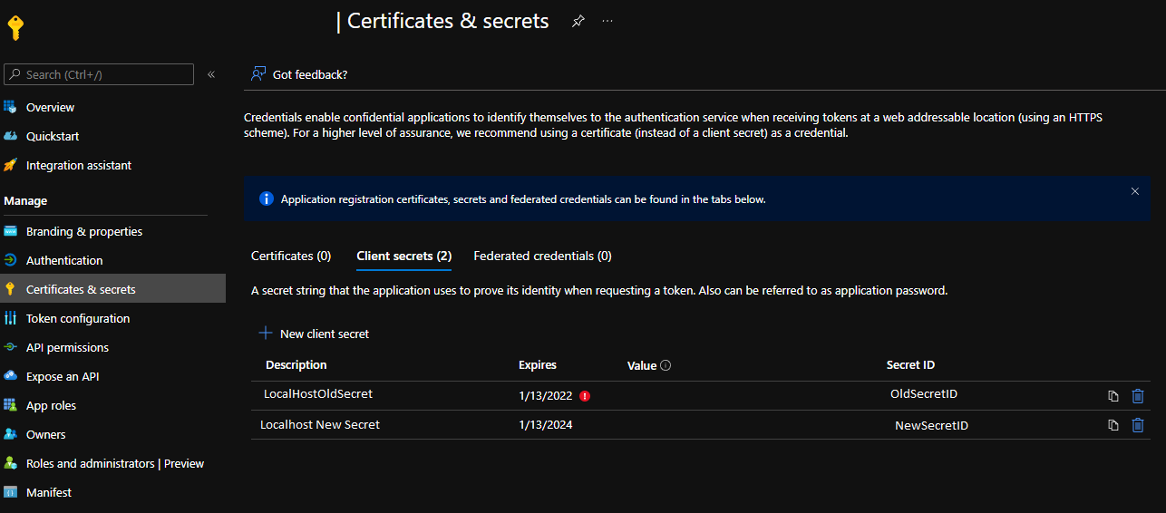 Listing of client secrets.