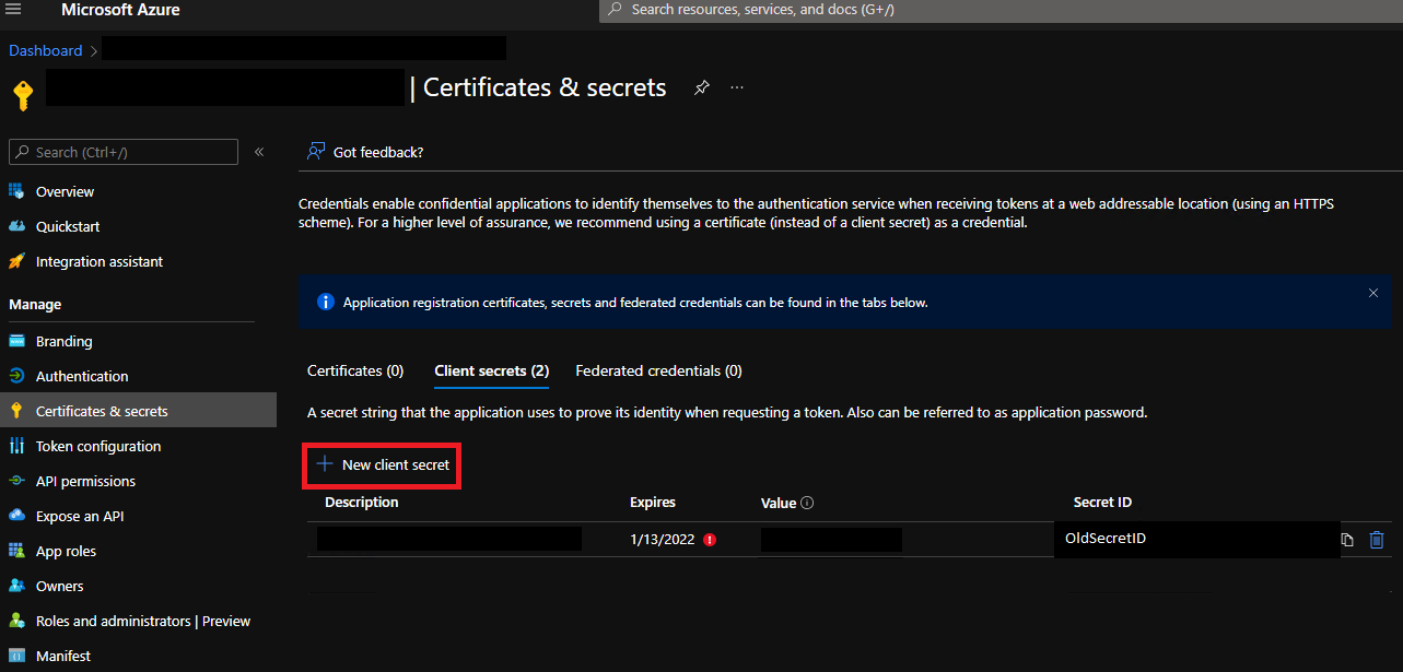 Expired client secret shown in the portal.